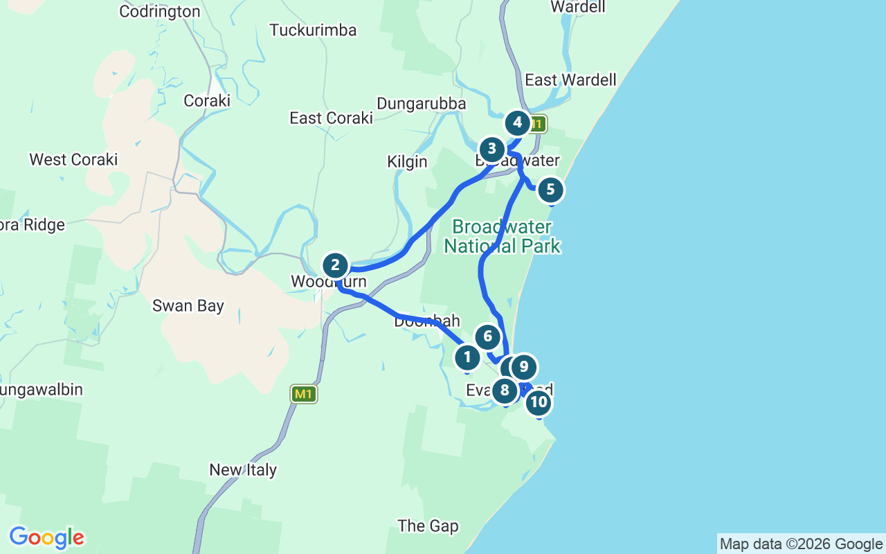 The Evans Head Coastal Loop (Drive 26) route map
