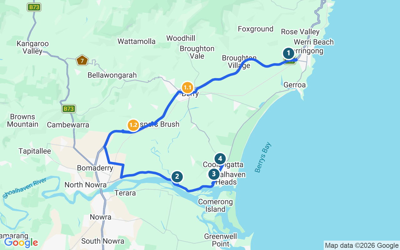 Shoalhaven Coast Winery Day Tour route map