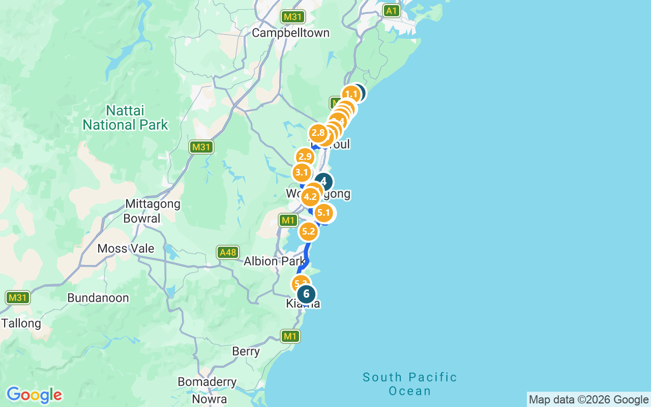 Illawarra Sight Seeing Day Tour route map